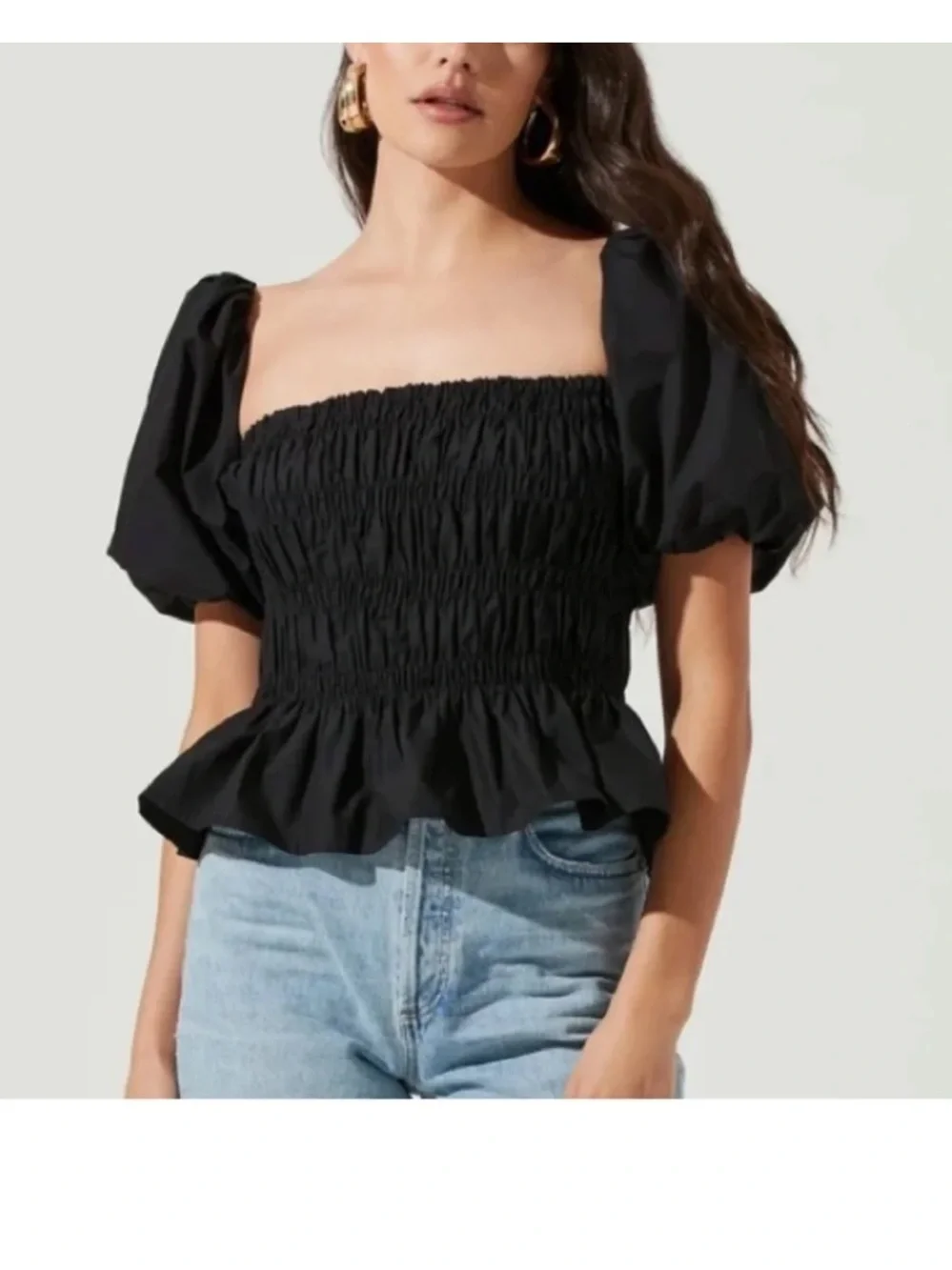ASTR The Label Black Puff-Sleeve Smocked Peplum Top